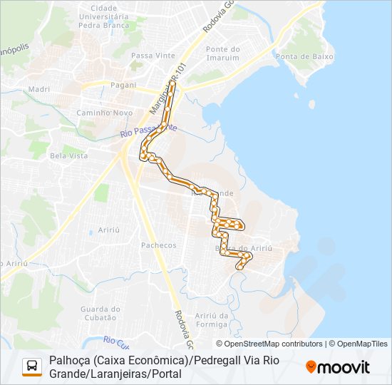 Mapa da linha 280 PORTAL DA BARRA/PALHOÇA (PRAÇA) OU PONTE DO IMARUIM (PRAÇA) VIA LARANJEIRAS/RIO GRANDE VILA NOVA de ônibus