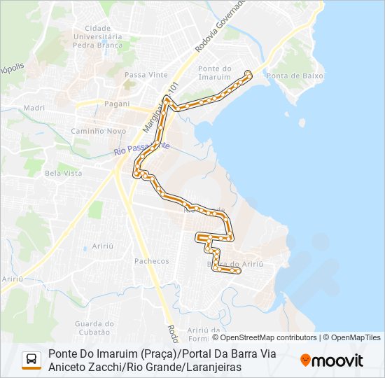 Mapa de 280 PORTAL DA BARRA/PALHOÇA (PRAÇA) OU PONTE DO IMARUIM (PRAÇA) VIA LARANJEIRAS/RIO GRANDE VILA NOVA de autobús