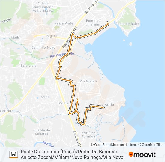 Mapa de 281 PORTAL DA BARRA/PALHOÇA (PRAÇA) OU PONTE DO IMARUIM (PRAÇA) VIA VILA NOVA/NOVA PALHOÇA/MÍRIAM (U de autobús