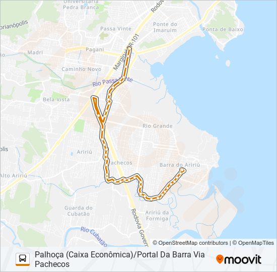 Mapa de 281 PORTAL DA BARRA/PALHOÇA (PRAÇA) OU PONTE DO IMARUIM (PRAÇA) VIA VILA NOVA/NOVA PALHOÇA/MÍRIAM (U de autobús