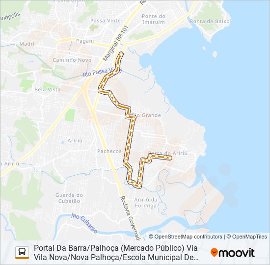 Mapa da linha 281 PORTAL DA BARRA/PALHOÇA (PRAÇA) OU PONTE DO IMARUIM (PRAÇA) VIA VILA NOVA/NOVA PALHOÇA/MÍRIAM (U de ônibus