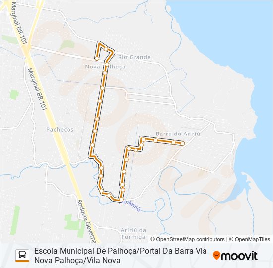 Mapa da linha 281 PORTAL DA BARRA/PALHOÇA (PRAÇA) OU PONTE DO IMARUIM (PRAÇA) VIA VILA NOVA/NOVA PALHOÇA/MÍRIAM (U de ônibus