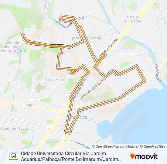 Mapa da linha 620 CIDADE UNIVERSITÁRIA PEDRA BRANCA CIRCULAR VIA JARDIM AQUÁRIUS/CENTRO DE PALHOÇA/PONTE DO IMARUI de ônibus