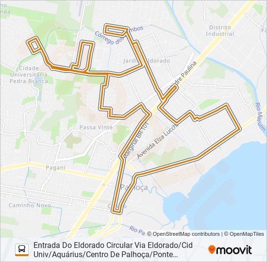 Mapa da linha 6206 ENTRADA DO ELDORADO CIRCULAR VIA ELDORADO/CIDADE UNIVERSITÁRIA/JARDIM AQUÁRIUS/CENTRO DE PALHOÇ de ônibus