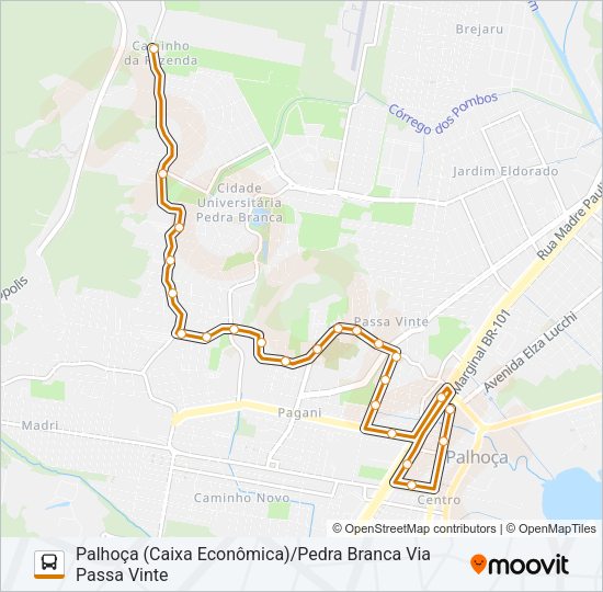 Mapa da linha 50314 PEDRA BRANCA/PALHOÇA (PRAÇA) VIA PASSA VINTE de ônibus