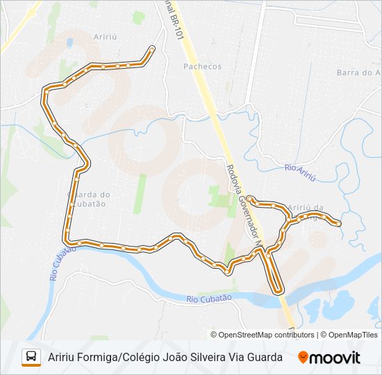 Mapa da linha 3036 ARIRIU FORMIGA/COLÉGIO JOÃO SILVEIRA VIA GUARDA de ônibus