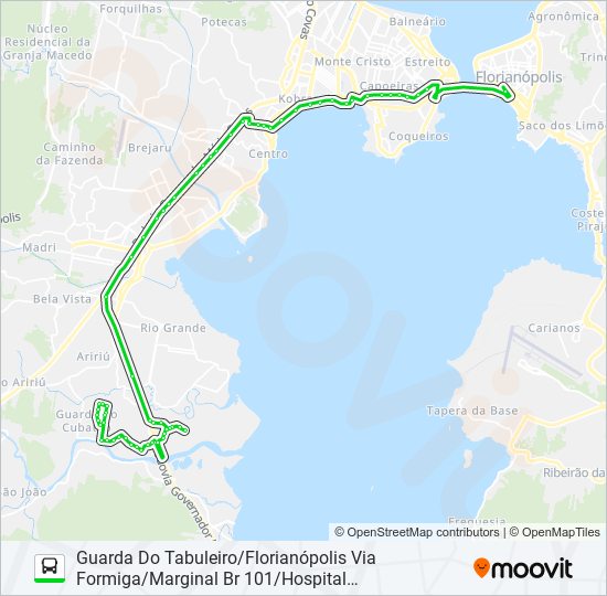 Mapa da linha 6752 PASSARELA FORMIGA/FLORIANÓPOLIS VIA GUARDA/MARGINAL BR 101/HOSPITAL REGIONAL/BEIRA MAR SÃO JOSÉ de ônibus