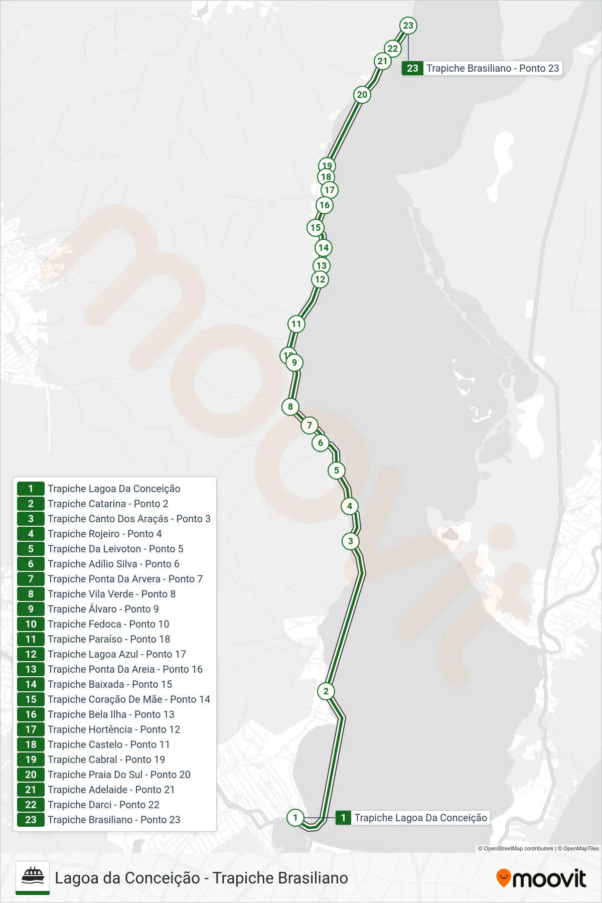 10 ferry Line (Lagoa da Conceição - Trapiche Brasiliano) route and stops on a map