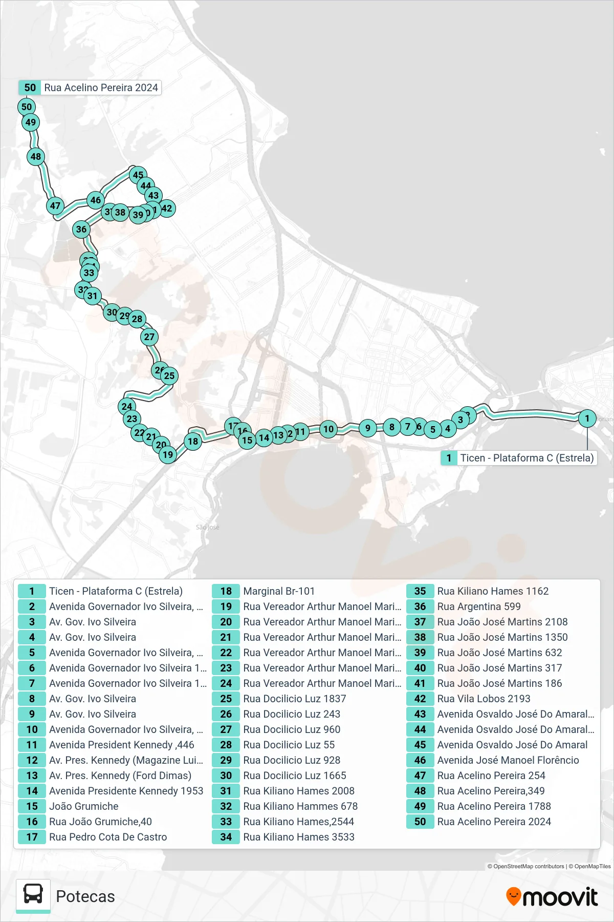 020.0 POTECAS ARRUDA bus Line (Potecas) route and stops on a map