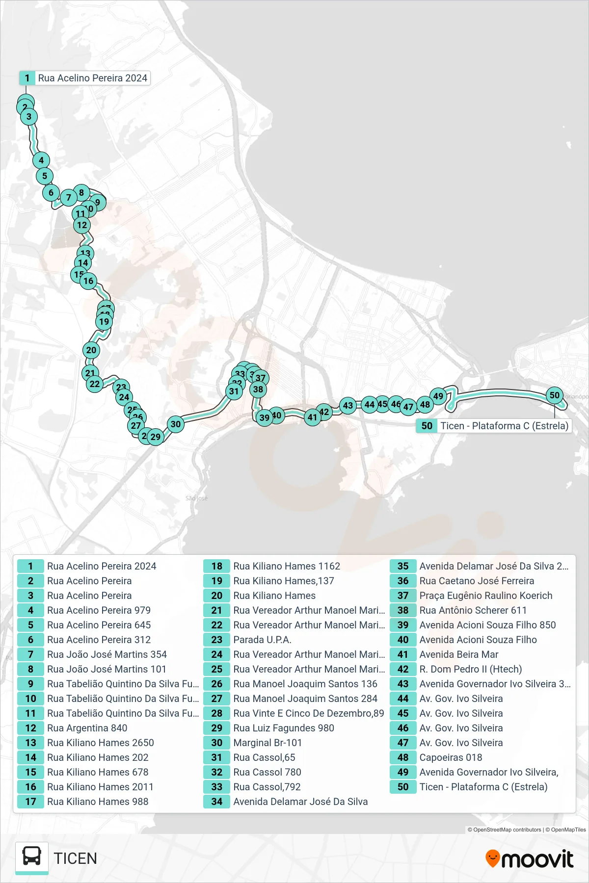 020.0 POTECAS ARRUDA bus Line (TICEN) route and stops on a map