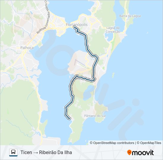 Mapa da linha D-565 RIBEIRÃO DA ILHA DIRETO de ônibus