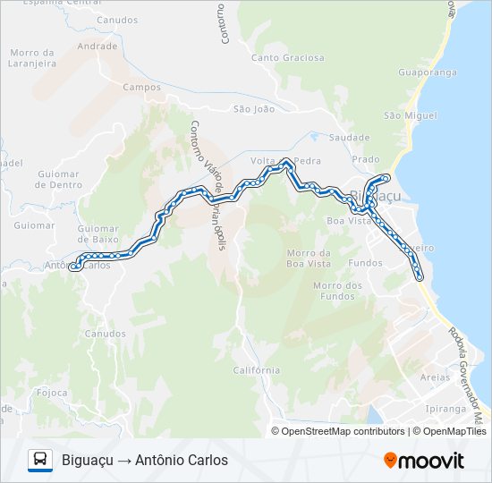 Mapa da linha 64100 ANTÔNIO CARLOS / BIGUAÇU de ônibus