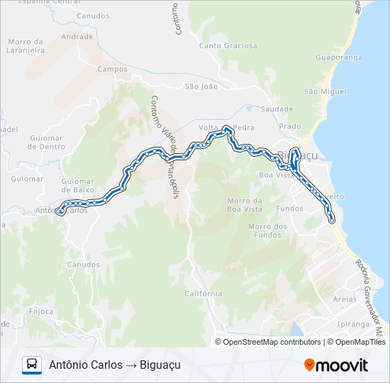 Mapa da linha 64100 ANTÔNIO CARLOS / BIGUAÇU de ônibus