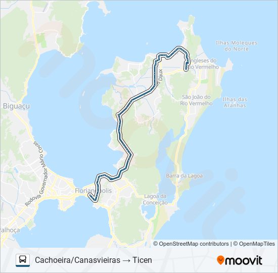 Mapa da linha D-260 TICEN - CACHOEIRA DO BOM JESUS VIA MAURO RAMOS de ônibus