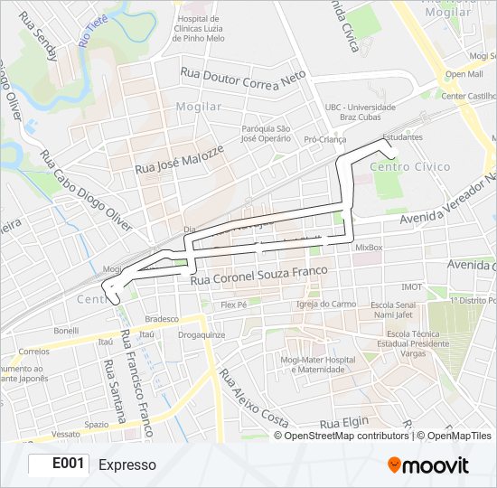 Mapa da linha E001 de ônibus