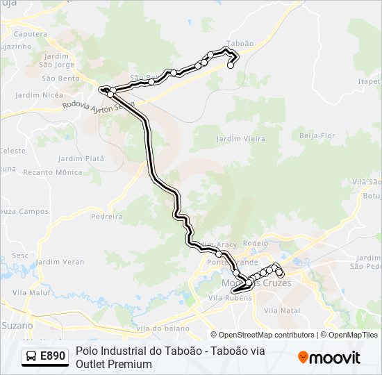 Mapa da linha E890 de ônibus