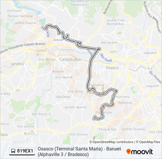 Mapa da linha 819EX1 de ônibus