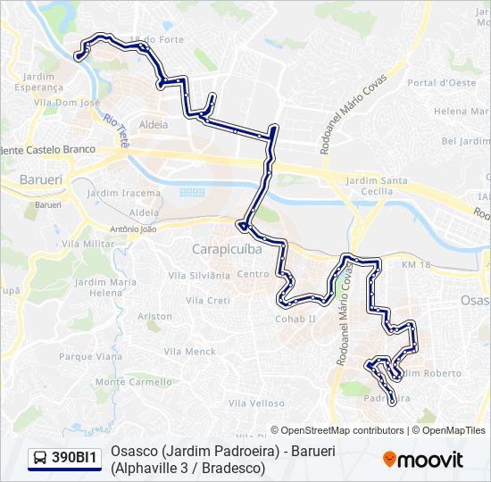 Mapa da linha 390BI1 de ônibus