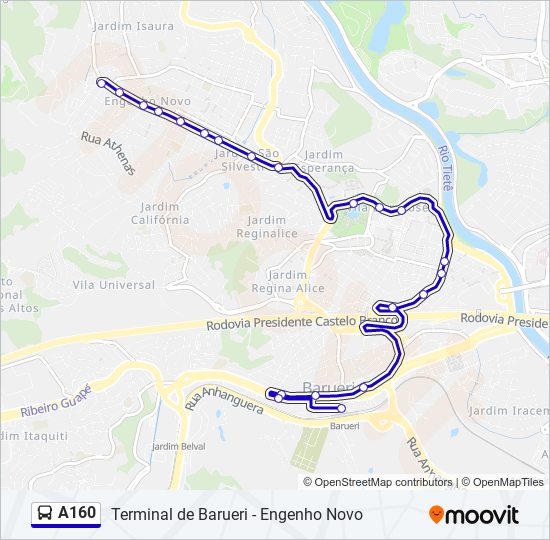 Mapa da linha A160 de ônibus