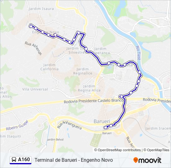 Mapa da linha A160 de ônibus