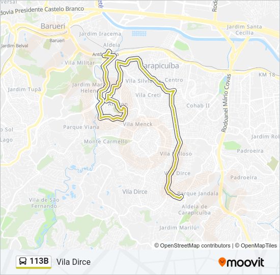 Mapa da linha 113B de ônibus