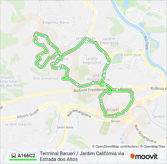 Mapa da linha A166C2 de ônibus