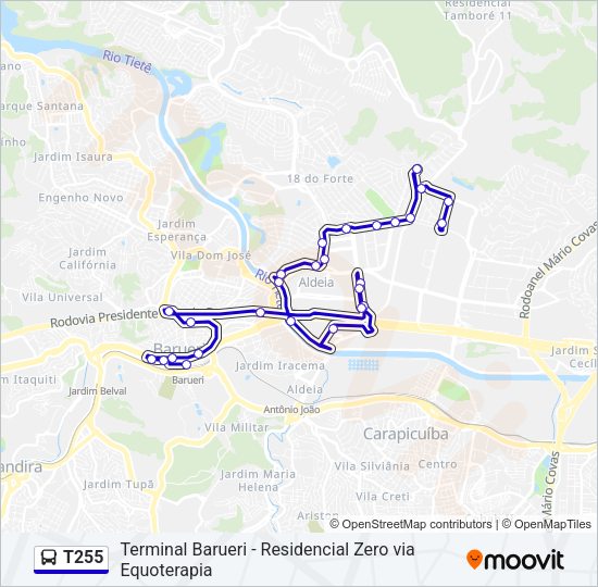 Mapa da linha T255 de ônibus