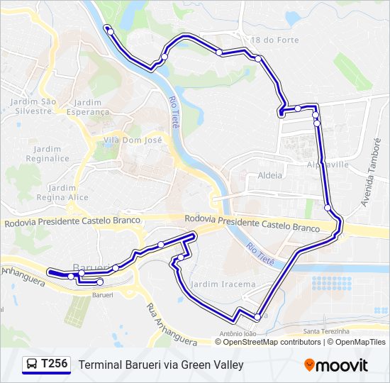 Mapa da linha T256 de ônibus