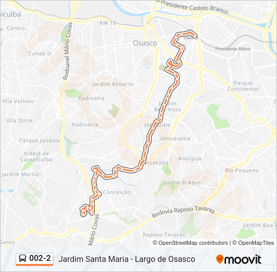 Mapa da linha 002-2 de ônibus