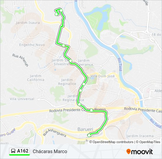 Mapa da linha A162 de ônibus