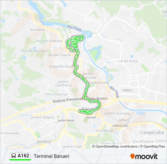 Mapa da linha A162 de ônibus