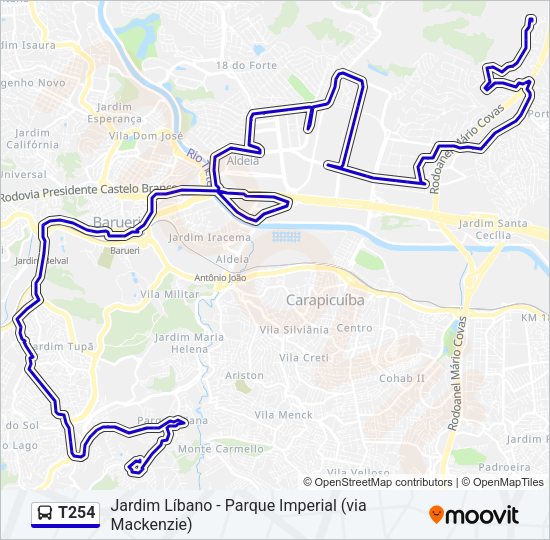 Mapa da linha T254 de ônibus