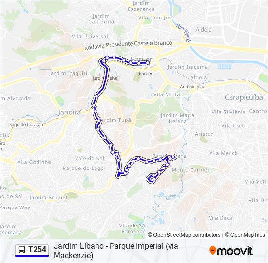 Mapa da linha T254 de ônibus