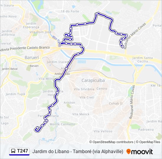 Mapa da linha T247 de ônibus