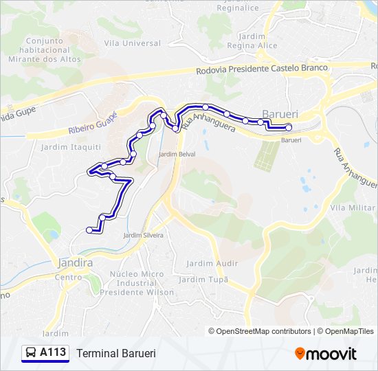 Mapa da linha A113 de ônibus