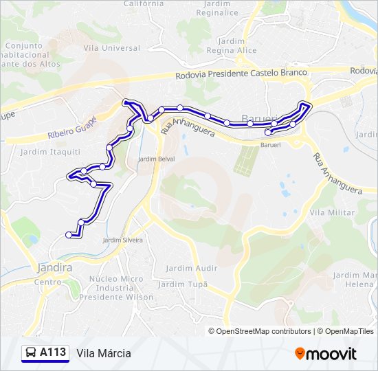 Mapa da linha A113 de ônibus