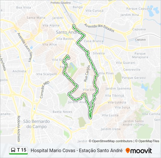 Mapa da linha T 15 de ônibus