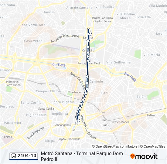 Mapa da linha 2104-10 de ônibus