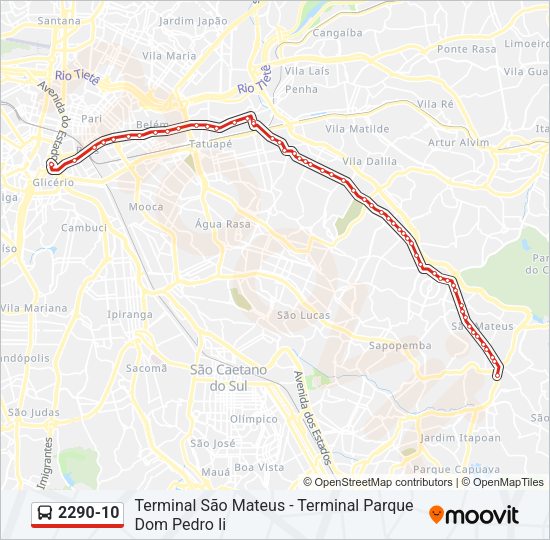 Mapa da linha 2290-10 de ônibus