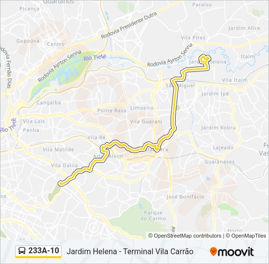 Mapa da linha 233A-10 de ônibus