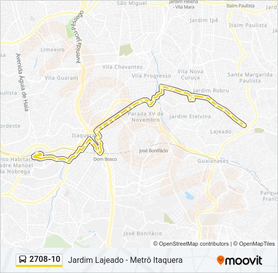 Mapa da linha 2708-10 de ônibus