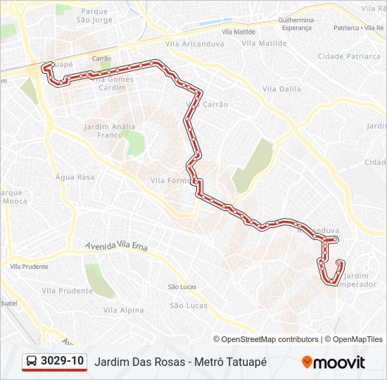 Mapa da linha 3029-10 de ônibus
