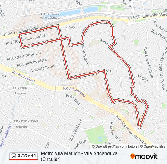 Mapa da linha 3725-41 de ônibus