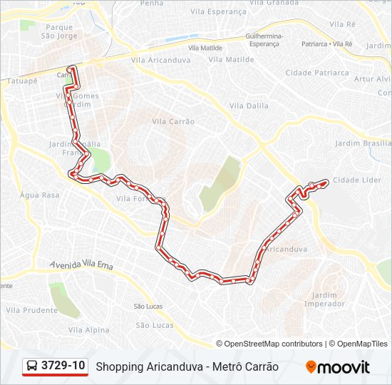 Mapa da linha 3729-10 de ônibus