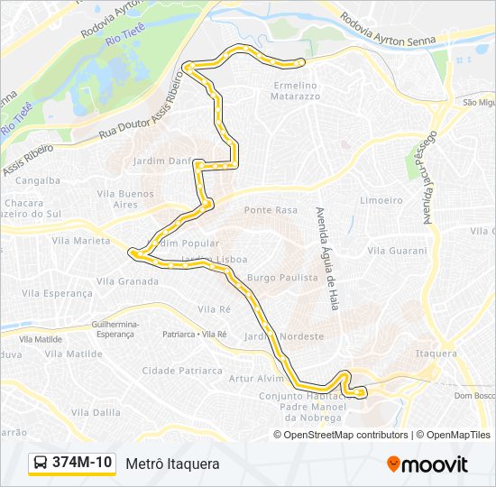 Mapa da linha 374M-10 de ônibus