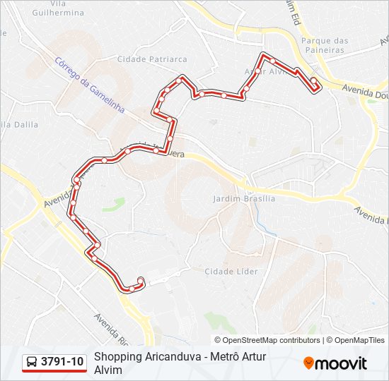 Mapa da linha 3791-10 de ônibus