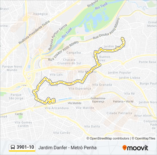 Mapa da linha 3901-10 de ônibus