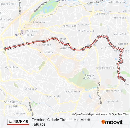 Mapa da linha 407P-10 de ônibus