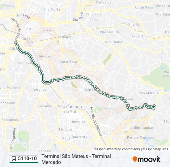 Mapa da linha 5110-10 de ônibus