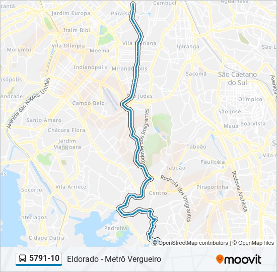 Mapa da linha 5791-10 de ônibus